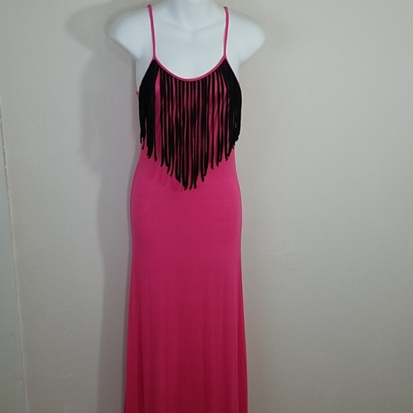 Sundress Maxi Fringe stretch Pink bodycon black - Picture 1 of 10